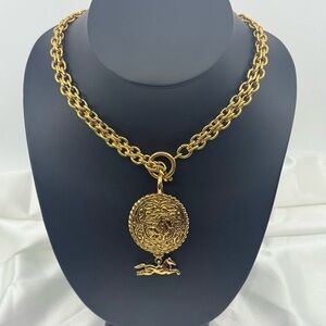 Chanel Vintage Gold Double Strand CC Horse Medallion Pendant Necklace